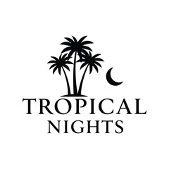 Obraz premium Tropical Nights Vector Logo with Palm Trees and Crescent Moon Silhouette for Summer Design