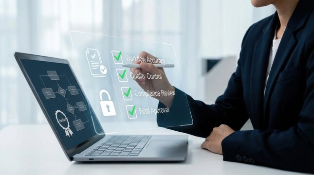 Business professional marking verification checklist items on a holographic screen above a laptop displaying a process flow chart.