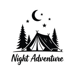 Night adventure camping vector with tent, pine trees, moon and stars in black silhouette style © azad