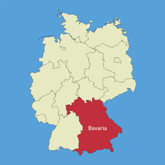 Fototapeta premium The state of Bavaria on the map of Germany. Vector illustration