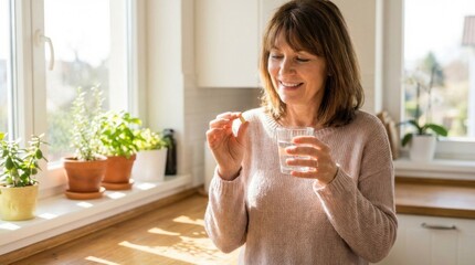 Smiling mature woman holding a health supplement capsule and water glass standing near a bright kitchen window.