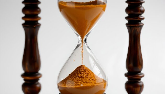This is an artistic representation showing a sand timer filled with coffee beans positioned between two wine glasses that are placed on opposite ends of a wooden table.