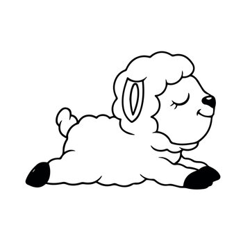 A cute cartoon lamb lies down with its eyes closed in a peaceful resting position on a plain white background.