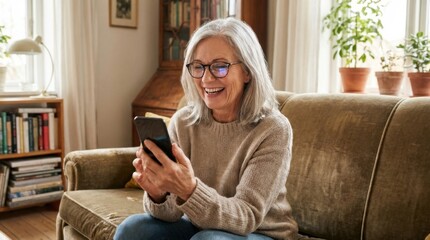 Obraz premium Mature gray-haired woman wearing eyeglasses smiles brightly while holding a black cellular phone inside a cozy, sunlit living room.