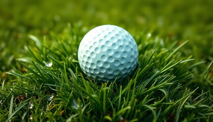 Fototapeta premium Close-up single white golf ball resting on green fairway grass