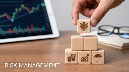 Hand placing a light brown wooden cube featuring a security shield icon onto stacked risk management symbols near a tablet displaying financial charts.