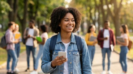 Cheerful young African American female student wearing a denim jacket and backpack walking on a university campus path holding a mobile phone.