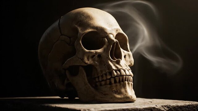 Anatomical Human Skull with Smoke on Stone Slab Against Dark Background in Studio Lighting for Medical Anatomy and