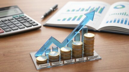 Financial planning chart featuring a translucent blue rising arrow over increasing stacks of rendered gold coins on a wood surface.