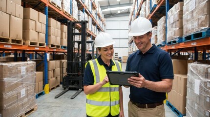 Smiling man and woman wearing white safety hard hats reviewing logistics data on a digital tablet in a busy storage warehouse aisle.