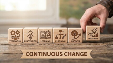 Sequence of six wooden cubes representing business methodology concepts ending with Progress, symbolizing continuous change.