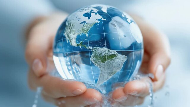 A hand holding a globe of water, symbolizing environmental conservation and global awareness.