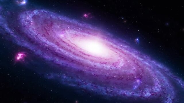 A vibrant spiral galaxy with purple and pink hues shines brightly in the vastness of space, with stars and other celestial bodies visible in the background, perfect for educational or decorative use