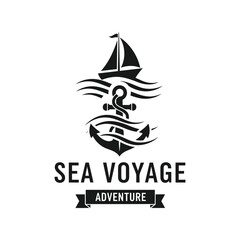 Obraz premium Sea voyage adventure vector logo with anchor, sailboat, and waves in black and white style