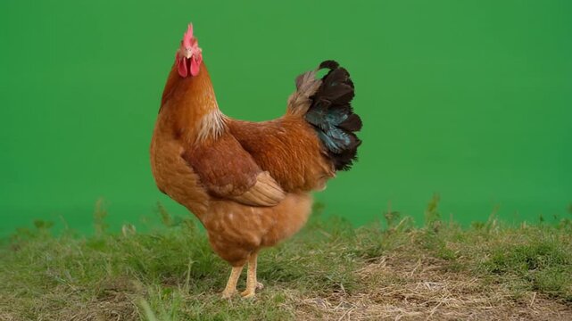 Chicken standing on grass in front of green screen