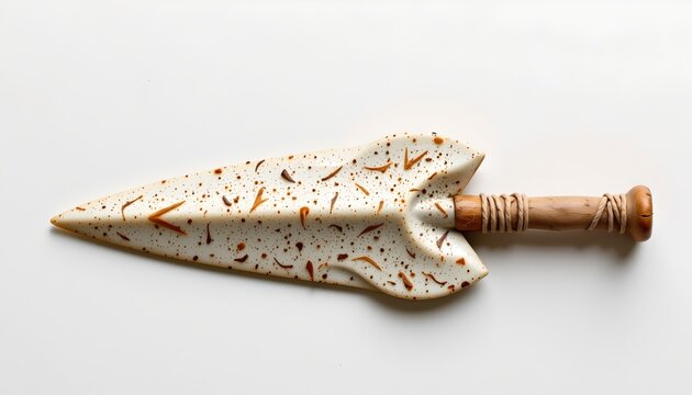A uniquely designed knife with a handle that resembles a shark tooth. This knife is crafted from wood, featuring an intricate pattern of brown and white colors that give it a distinctive appearance