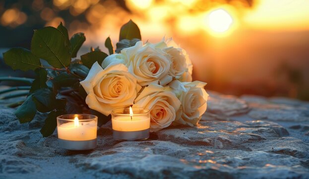 White roses and lit candles on stone, bathed in warm golden sunset glow