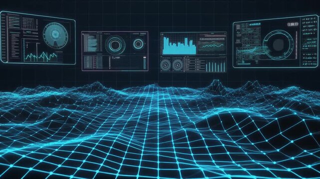 Futuristic digital landscape with data screens displaying graphs and analytics, showing a virtual grid and mountains in the background