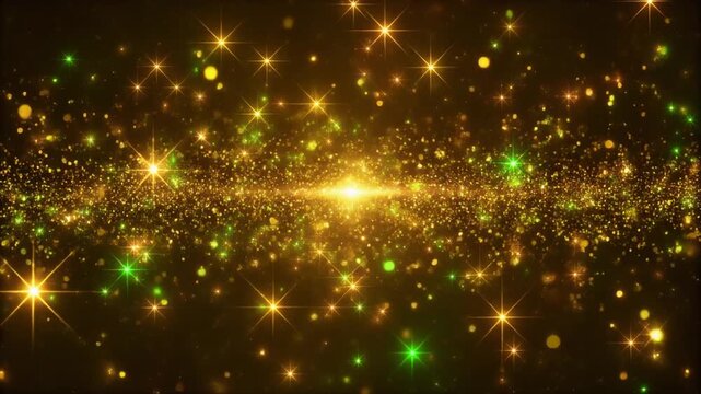 Glittering gold and green starburst lights on a dark background for festive or celebratory designs