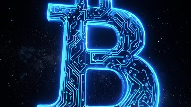 Glowing blue Bitcoin logo with circuit board design against a starry night sky background, symbolizing cryptocurrency and technology