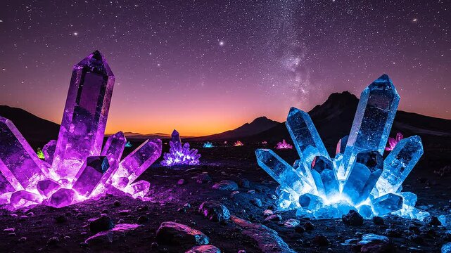 Glowing crystals in a desert landscape at sunset with stars and mountains in the background, for use in design or advertising