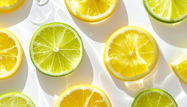 맑은 물 위에 떠 있는 상큼한 레몬과 라임 슬라이스 배경 Fresh lemon and lime slices floating in clear water background