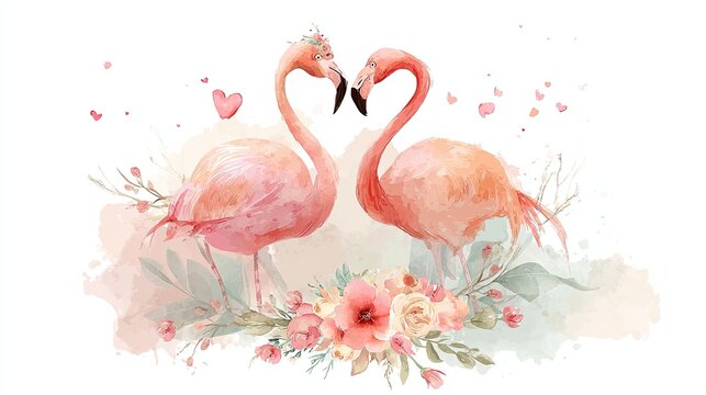 Two pink flamingos form a heart shape, surrounded by flowers and hearts, creating a romantic and whimsical atmosphere.