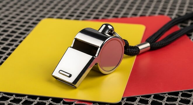 Sports referees whistle and red and yellow cards on a textured surface.
