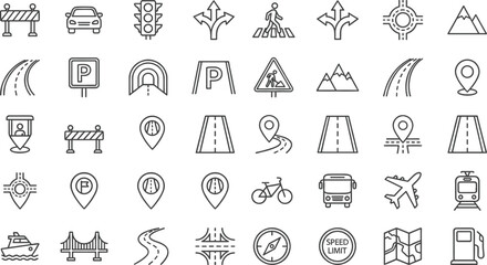Navigation and transportation outline icon set featuring road signs, map pins, traffic symbols, vehicles, routes, parking, direction arrows, travel landmarks, minimal line vector collection