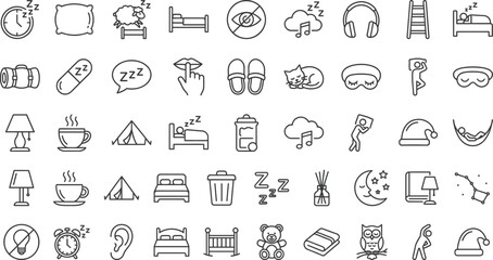 Sleep and bedtime outline icon set featuring alarm clock, bed, pillow, mask, moon, headphones, slippers, lamp, camping, dreams, minimal line vector for UI, apps, branding