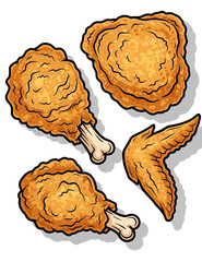 Overhead view of four pieces of crispy, golden-brown fried poultry