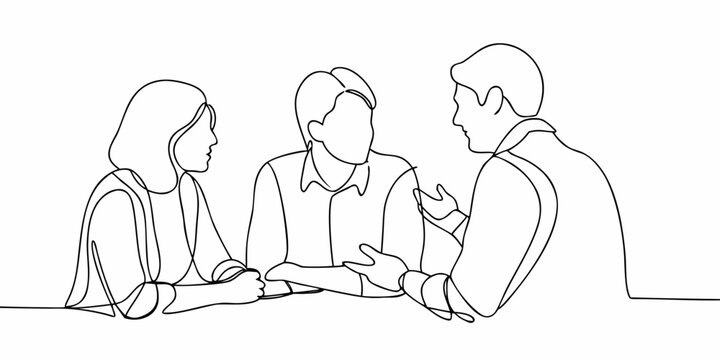 A continuous line drawing depicts three people in conversation