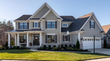 Modern two-story luxury suburban family home with solar panels and manicured lawn at sunset