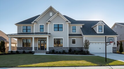 Modern two-story luxury suburban family home with gray siding, large windows, and well-manicured lawn under clear blue sky