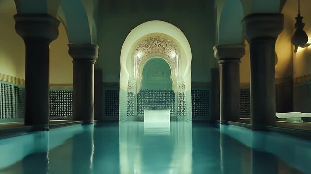 A serene indoor pool with arched alcoves and intricate tilework