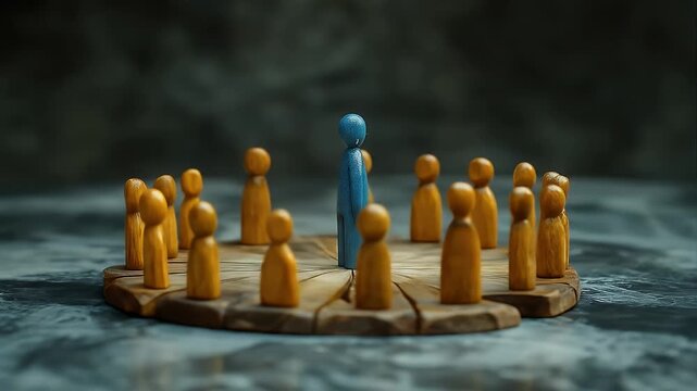 A single, blue figurine, targeted by a pin, stands amidst a circle of wooden figures