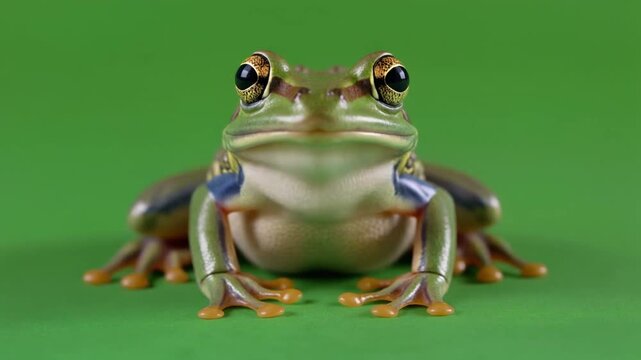 Front view of a green frog on a green background