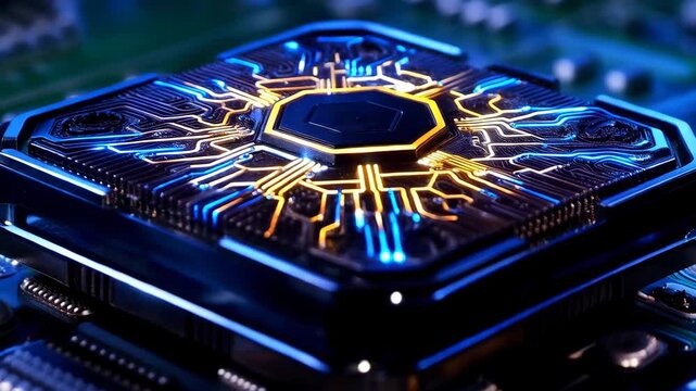 Macro shot of futuristic CPU chip with glowing circuits