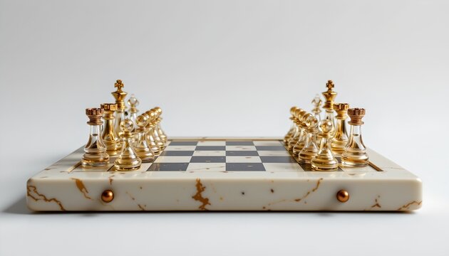 Two chess sets meticulously arranged on a marble board. The chess pieces are ornate with gold accents, suggesting an antique or luxury design.