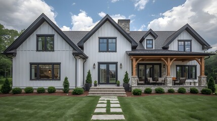 Fototapeta premium Modern luxury farmhouse exterior with porch and manicured lawn in sunny daylight real estate