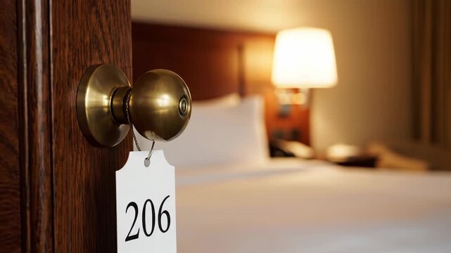 Hotel room door with a key tag and number 206 on it 4k video