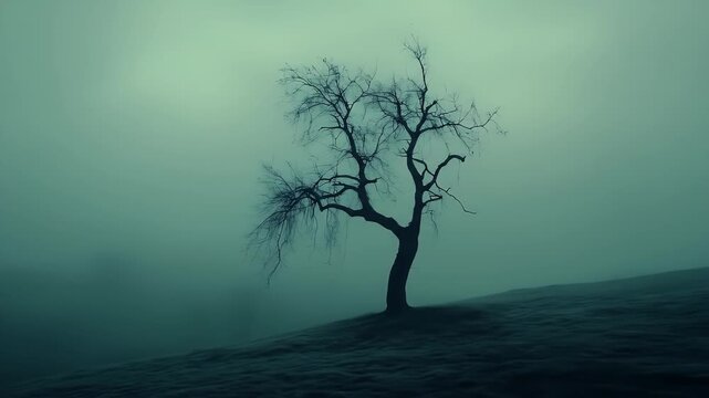 A solitary, leafless tree stands silhouetted against a misty, teal-toned landscape