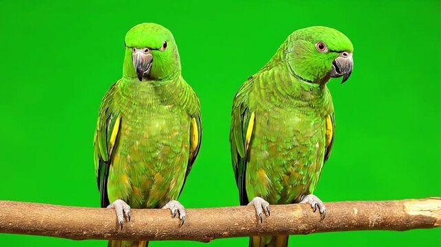 Two Green Parrots Perched on Branch Against Green Screen Background, Tropical Exotic Birds Studio Shot
