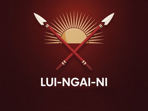 Logo of luingaini with crossed spears and sunburst design on dark background