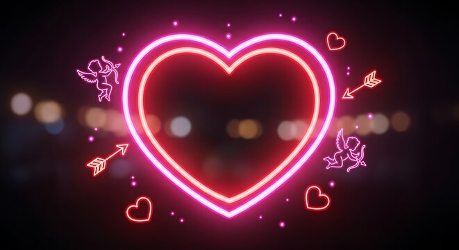 Neon glowing heart with flying love arrows and sparkles on dark background