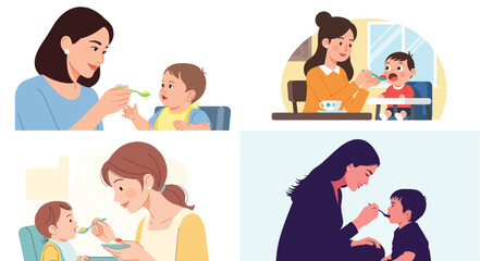 Mothers feeding babies with spoons