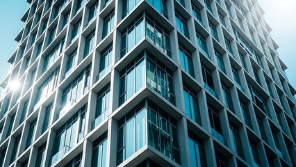 A striking low angle view captures the modern architecture of a glass and steel skyscraper bathed in bright sunlight showcasing its geometric patterns high quality professional