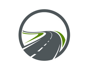 Highway asphalt road icon, pathway route symbol with curved asphalt highway and white dashed lines. Logistics service, navigation app, driving school roadway emblem. Vector travel and journey sign