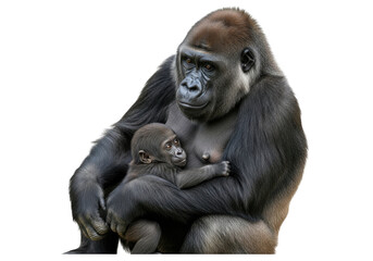 Fototapeta premium Tender moment between gorilla mother and baby, showcasing affection and protection in the wild, with a beautiful and intimate portrayal of their bond isolated on transparent background