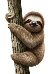 Obraz premium A smiling sloth embracing a tree trunk with its arms and legs, showcasing its slow and relaxed nature, isolated on transparent background